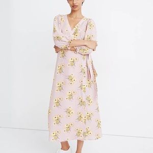Madewell Linen-Blend Ruffle-Cuff Wrap Dress in Dutch Dandelions